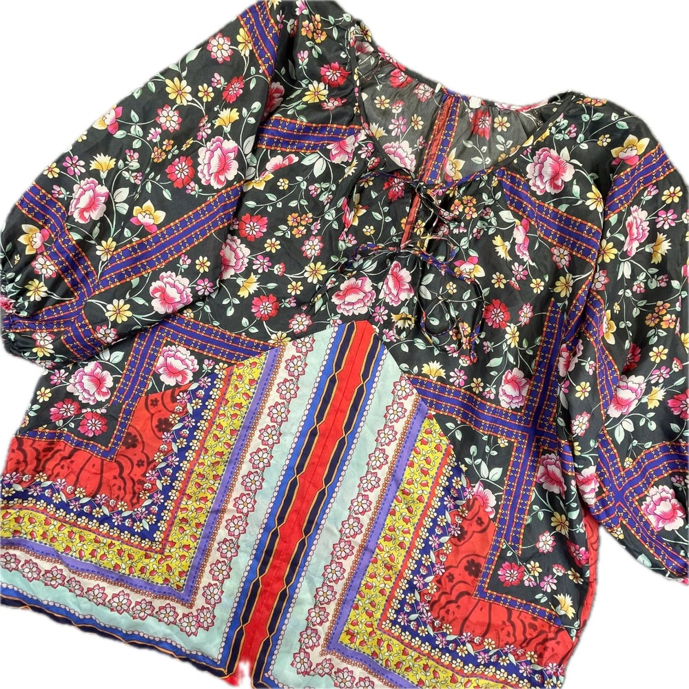 Johnny Was Lookout Electra Floral Silk Scarf Patch Blouse XL Boho Peasant Top